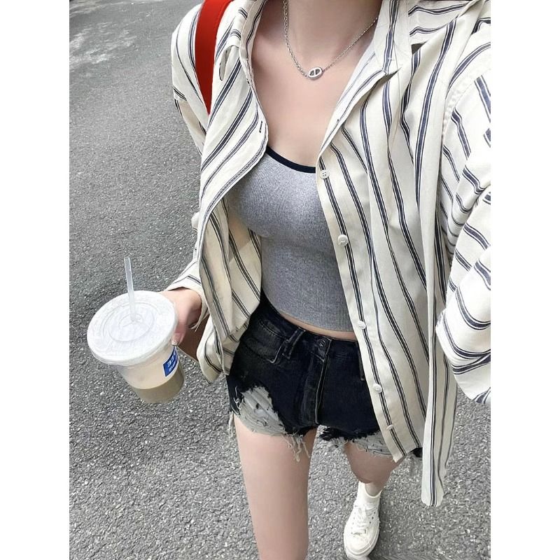 條紋長袖薄款chic港味設計感小眾防曬襯衫女寬鬆春秋外搭襯衣外套