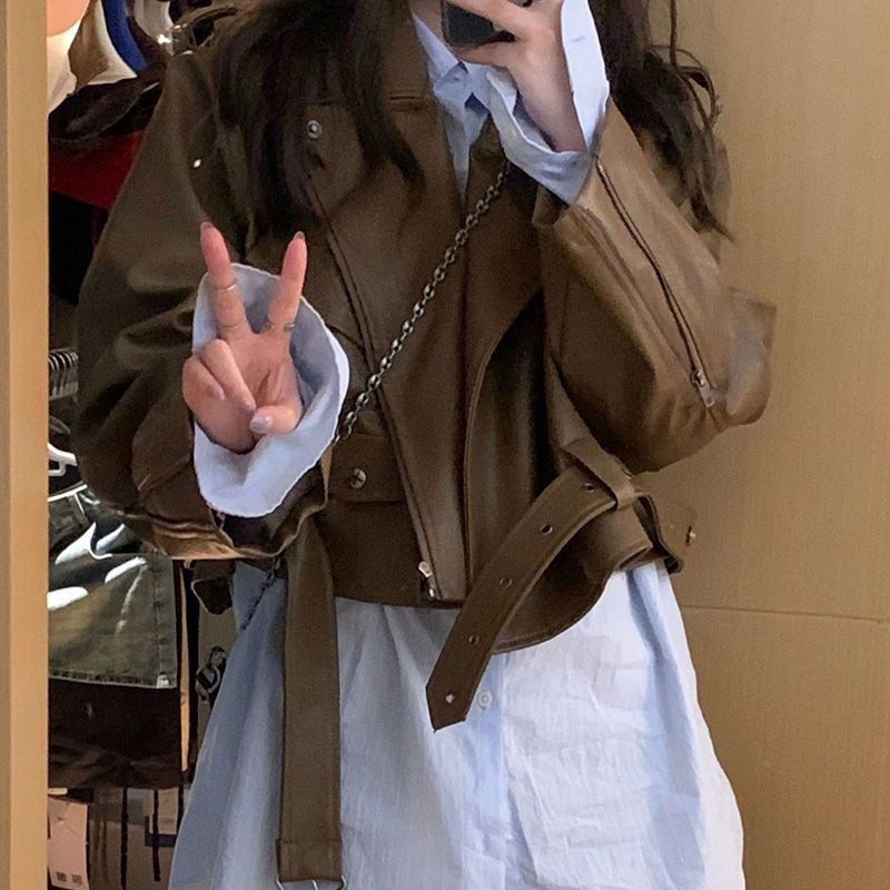 ins美式復古重工鉚釘機車皮衣外套女2023秋新款短上衣夾克外套潮