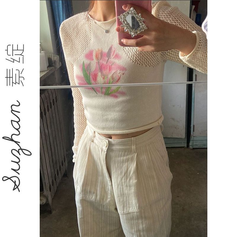 New hollow mesh tulip print long-sleeved T-shirt female Korean version outer wear sunscreen hot girl short top
