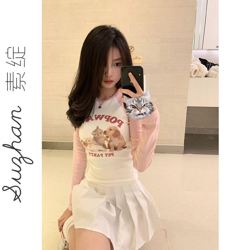 Niche new color contrast printing short shoulder long-sleeved t-shirt women's early autumn niche all-match tight-fitting bottoming shirt top