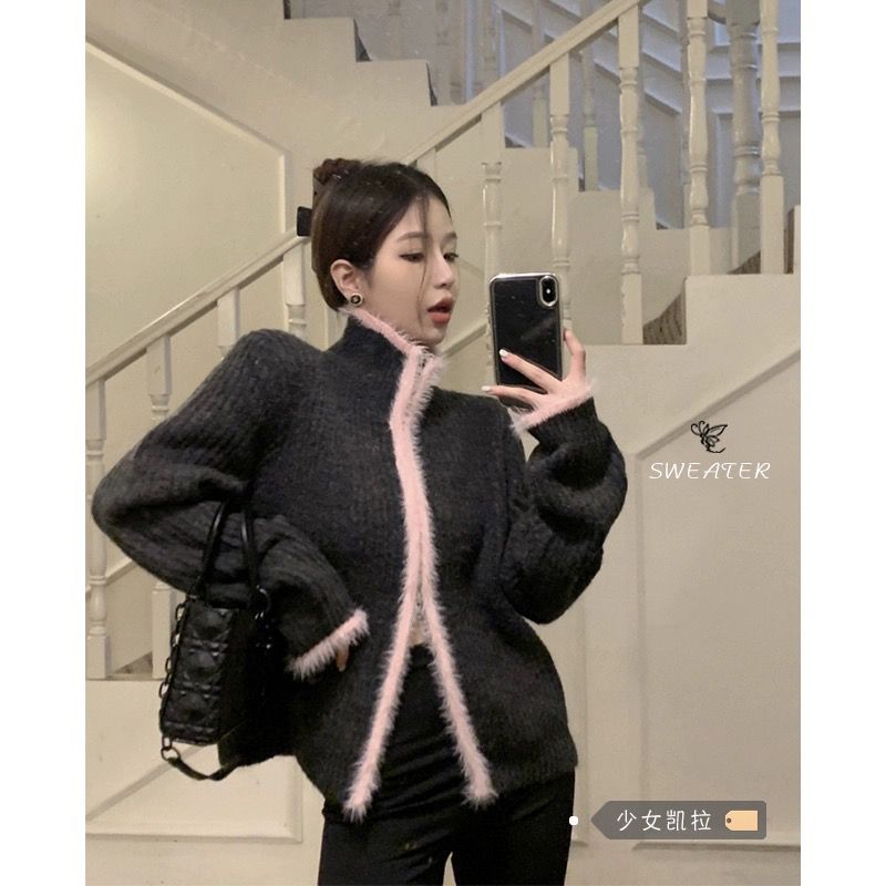 日系高領針織開衫外套女春裝新款復F古設計感拉鏈毛衣內搭長袖上