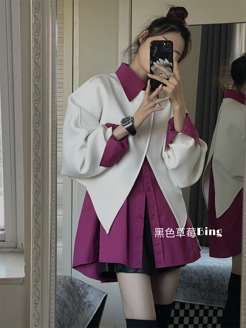 慵懶風設計感不規則寬鬆長袖披肩衛衣疊穿POLO襯衫小眾早秋套裝女