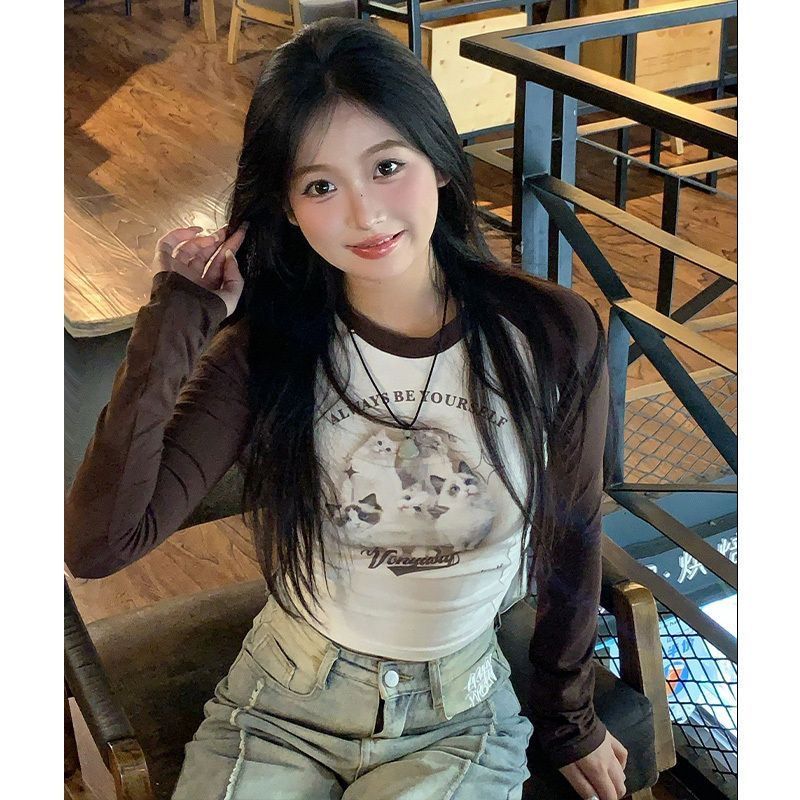 純欲風貓咪印花插肩長袖T恤女秋季新款美式復古修身短款上衣ins潮