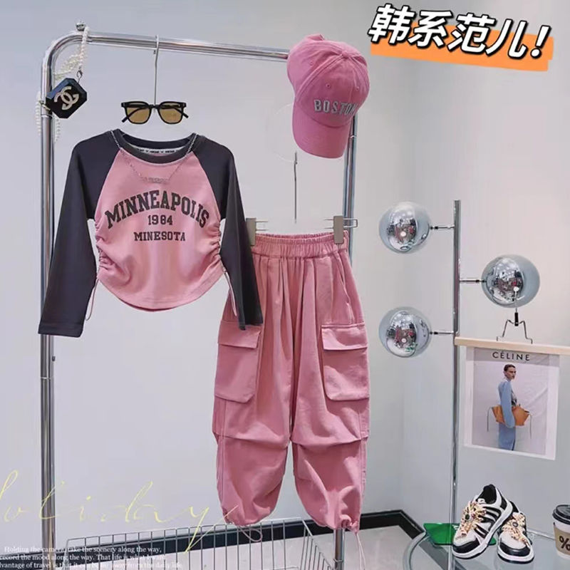女童秋裝套裝2023新款秋季網紅童裝女孩洋氣工裝褲中大童時髦上衣