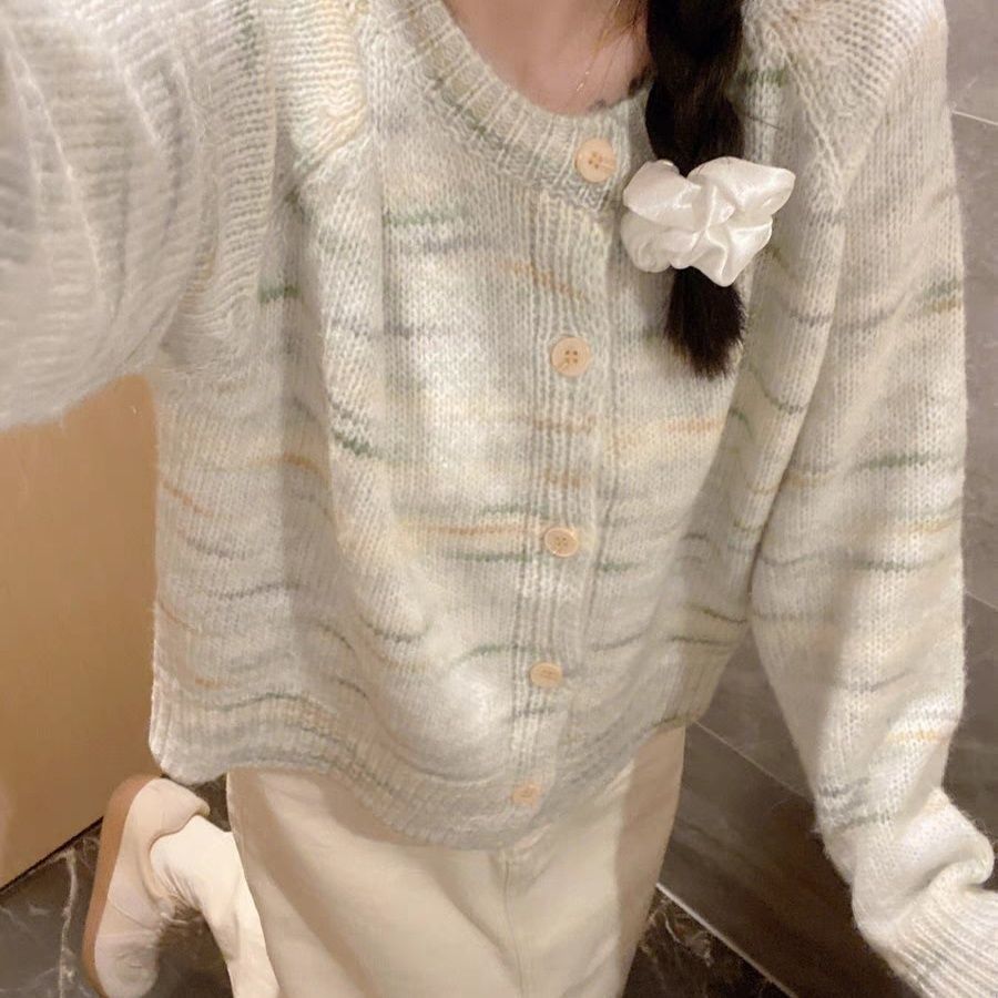 扎染風粉色漸變毛衣開衫慵懶風設計感小眾寬鬆軟糯圓領針織衫外套