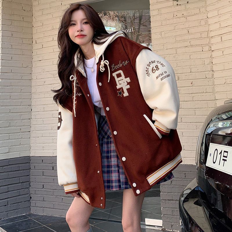 美式復古棒球服外套女2023秋冬加絨加厚學生寬鬆連帽休閒百搭上衣