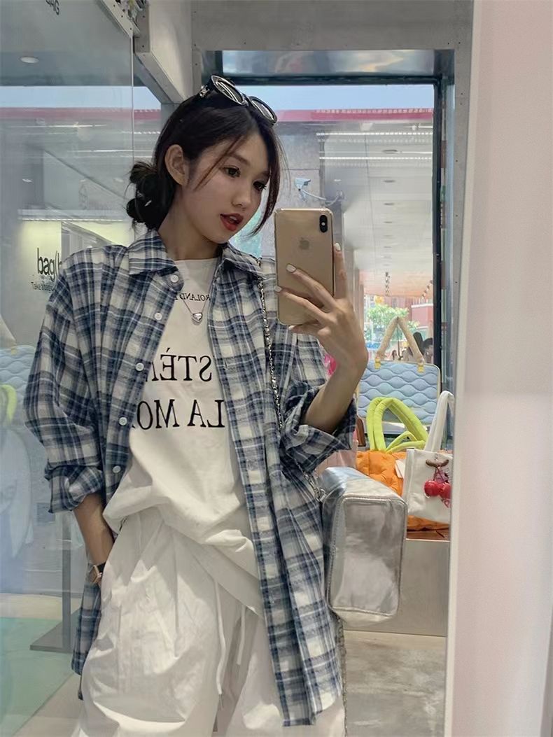 CONGRAZIO復古格子襯衫女寬鬆長袖襯衣oversize藍灰色格子衫外套
