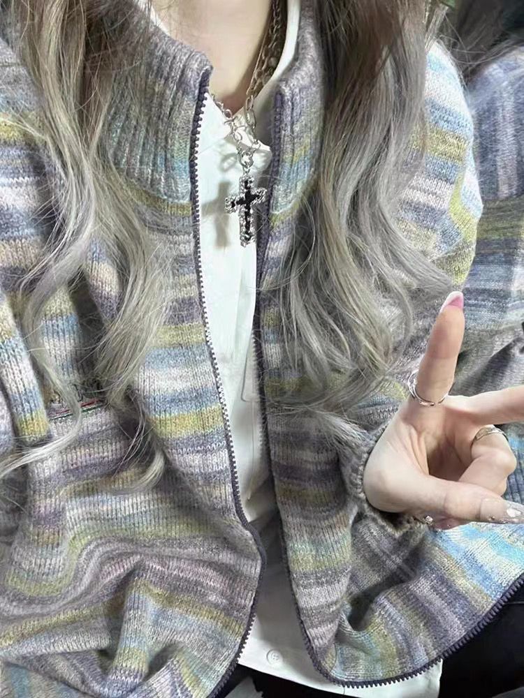 港味復古chic彩虹條紋開衫毛衣女秋冬新款寬鬆立領拉鏈針織外套女