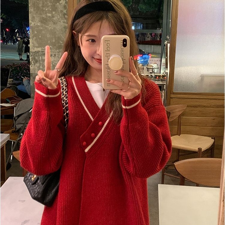毛衣女秋冬季新款秋冬寬鬆慵懶不規則針織開衫新年紅色外套外穿女