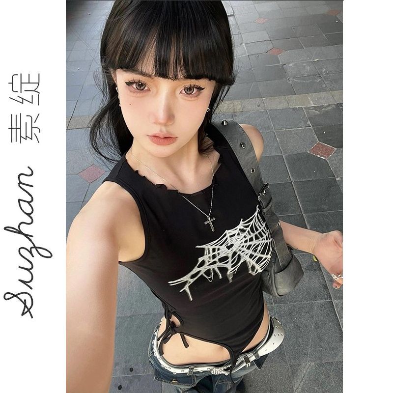 夏新款高級感綁帶鏤空上衣女美式復古朋克風露肩無袖甜辣背心吊帶