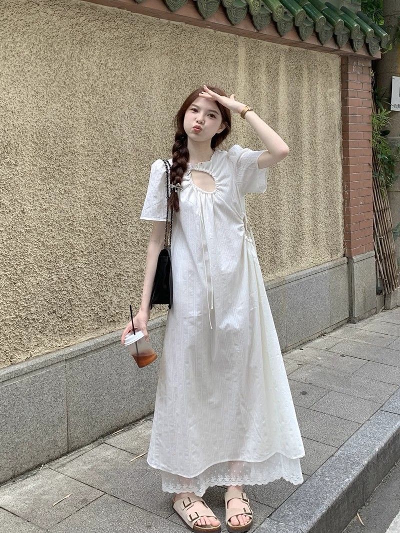 夏季2023新款度假风镂空抽绳设计感高级感法式长裙子白色连衣裙女