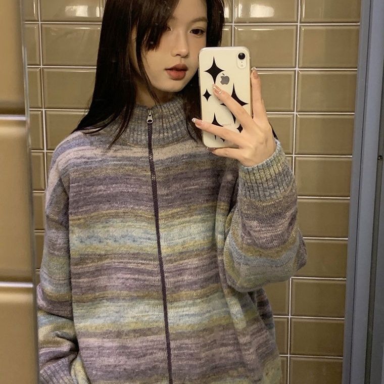 溫柔風復古針織衫毛衣女秋冬彩色漸變條紋設計感小眾寬鬆開衫外套