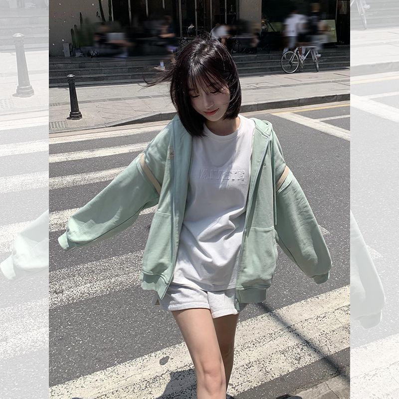 薄荷綠連帽衛衣外套女小個子寬鬆2023秋冬日系慵懶開衫設計感上衣