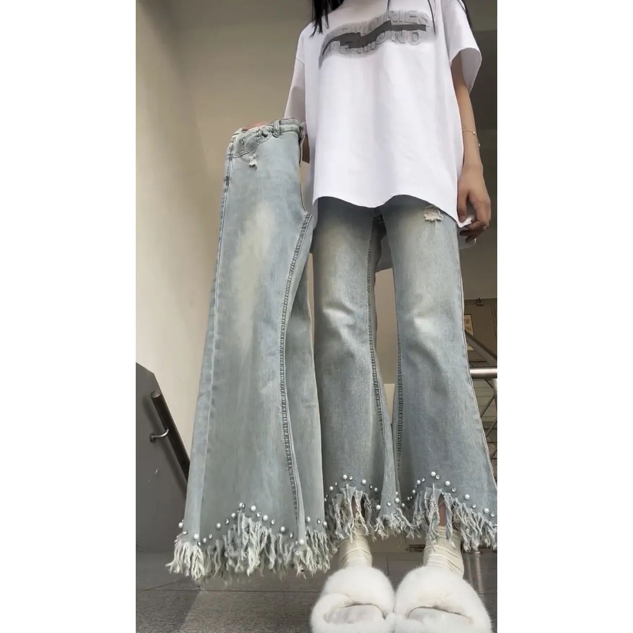 珍珠流蘇九分牛仔褲女2023秋季新款大碼小個子直筒寬鬆顯瘦微喇褲