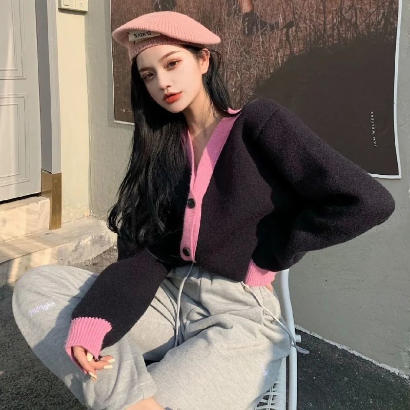 毛衣女秋季寬鬆慵懶風外穿開衫外套韓版ins洋氣撞色V領針織上衣