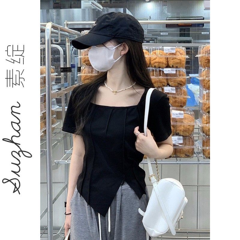 黑色新款設計感辣妹方領修身顯瘦短款上衣女夏季百搭洋氣短袖t恤