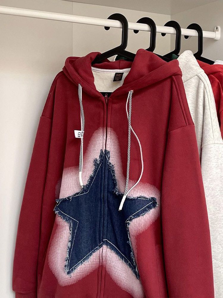 American retro star patch hooded sweater men and women ins tide brand high street loose niche couple cardigan jacket