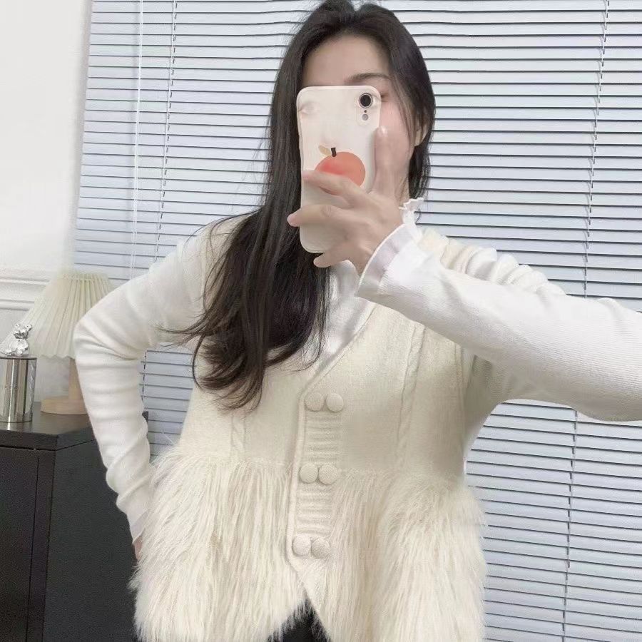 氣質時尚無袖V領拼接開衫外套女秋冬2023新款洋氣針織馬甲背心潮