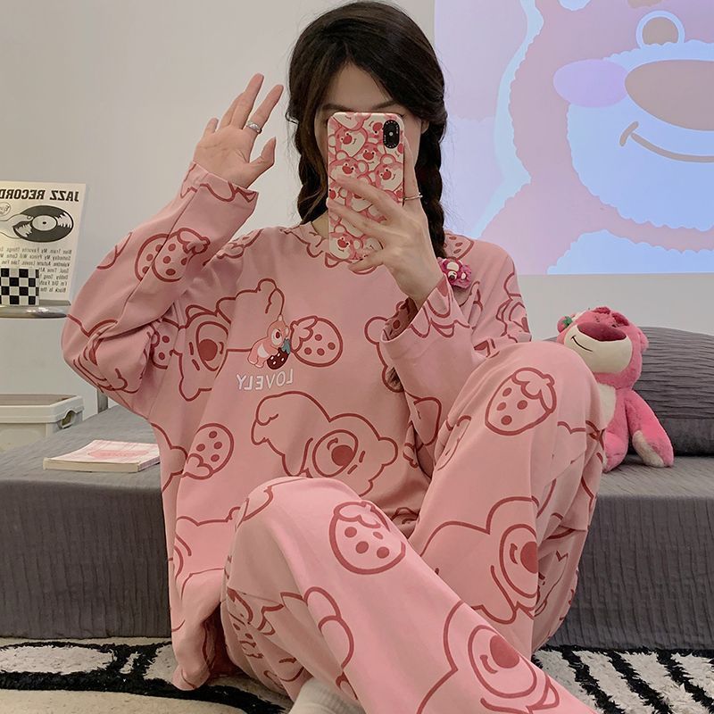 New pajamas for women in spring and autumn, loose long-sleeved student round-neck suit, sweet and cute, can be worn outside as home clothes in winter