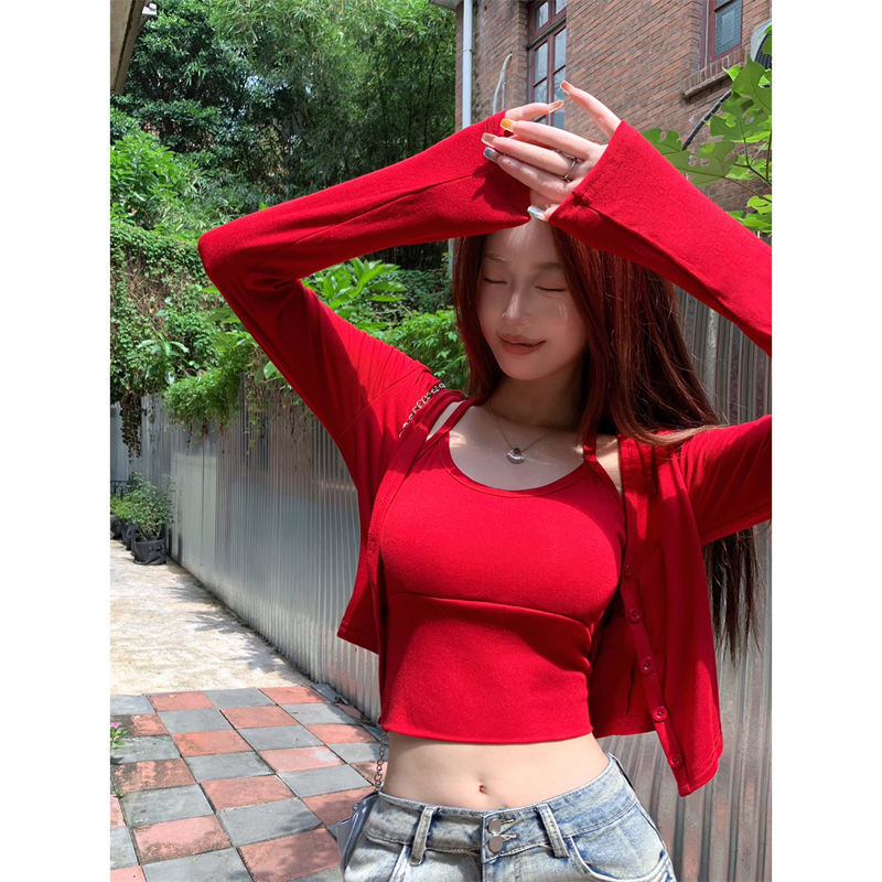 辣妹紅色時尚套裝早秋設計感露臍掛脖背心吊帶外搭開衫女