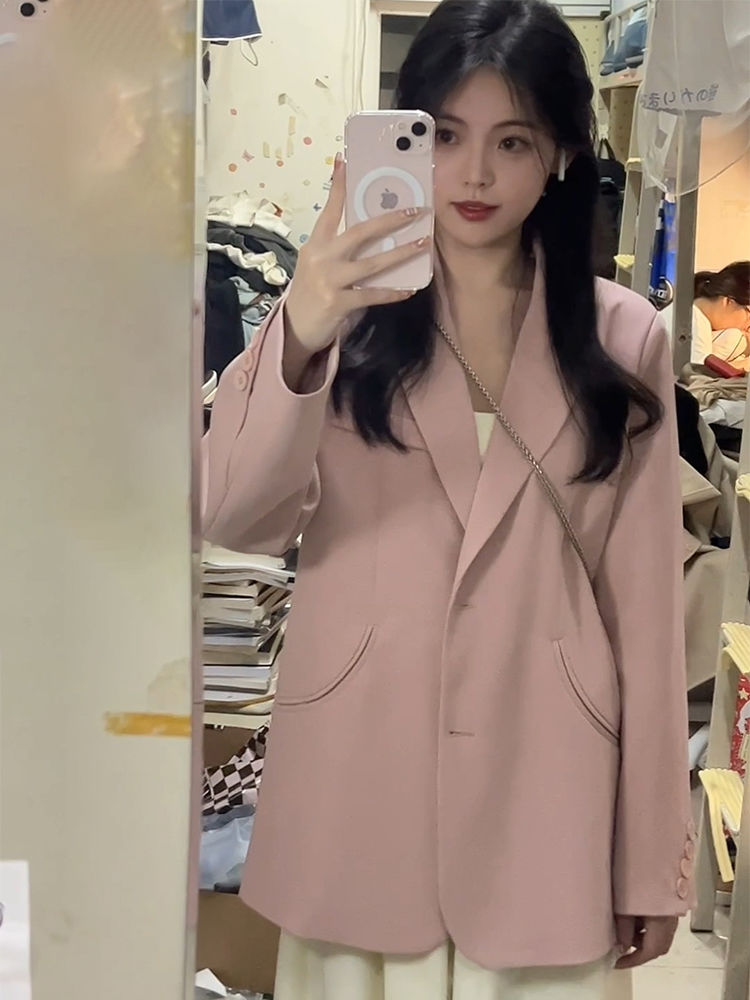 粉色西裝外套女甜美小清新高級設計感休閒時尚百搭學院風上衣女潮