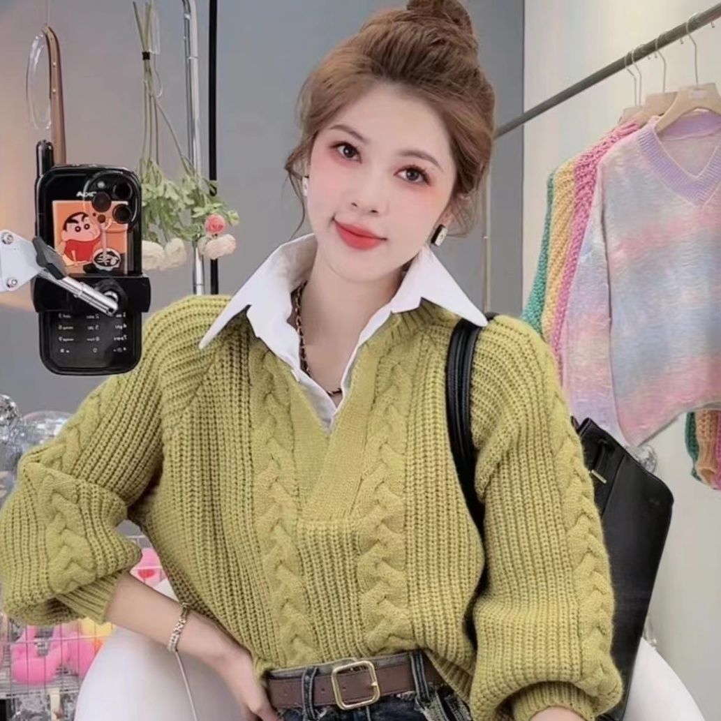 假兩件拼接襯衫毛衣女2023秋冬設計感小眾翻領寬鬆外穿針織衫上衣