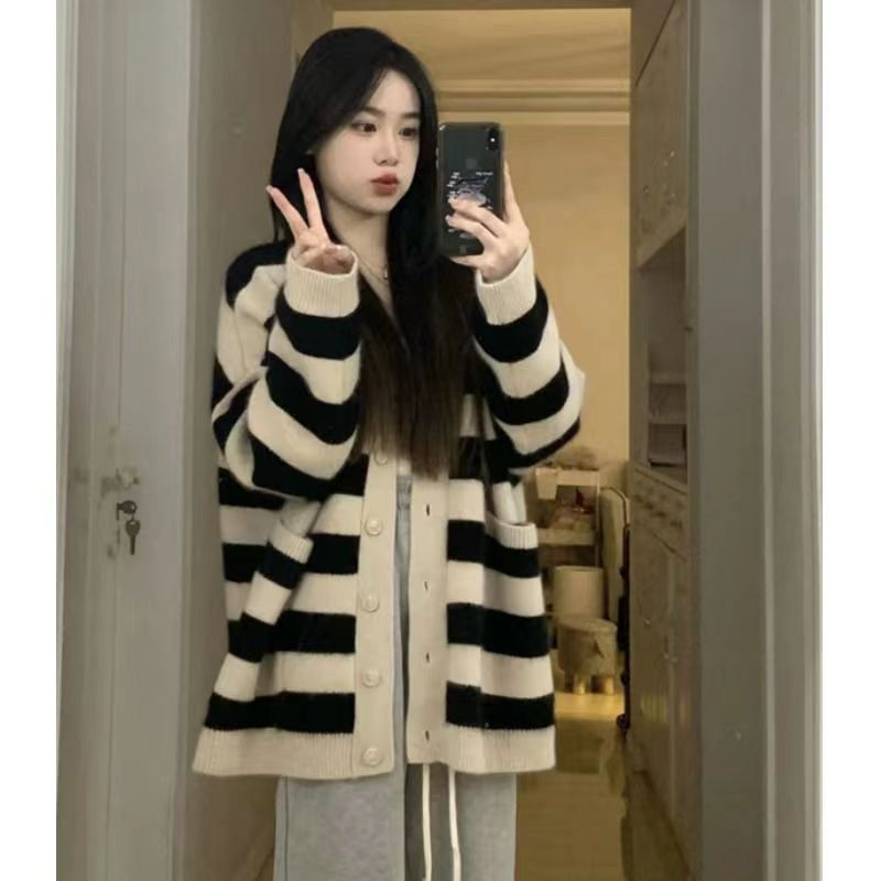 甜美時尚條紋拼色毛衣開衫女學生秋冬新款韓版寬鬆百搭針織衫外套