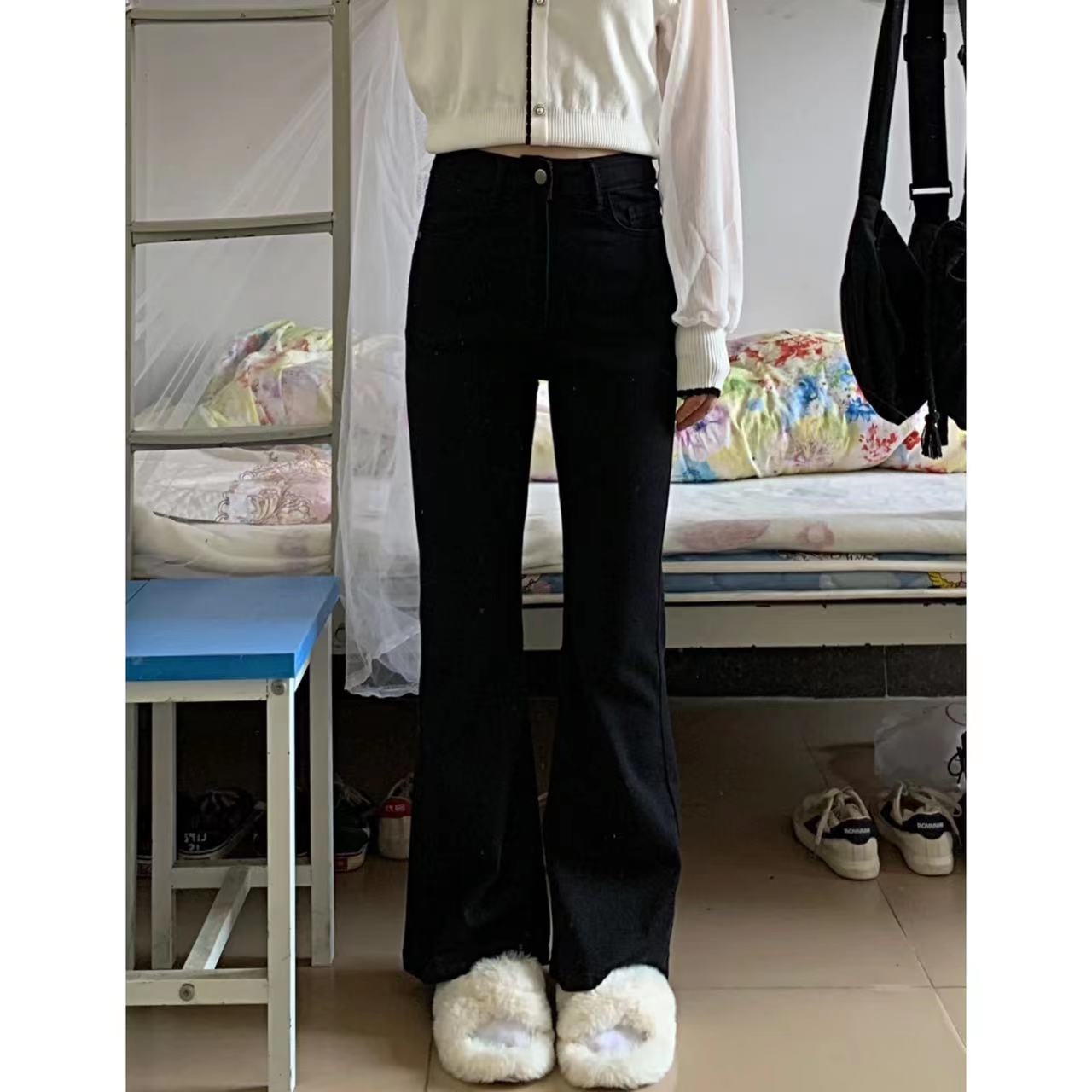 秋冬季黑色微喇叭牛仔褲女修身顯瘦彈力水洗拖地長褲胖MM百搭馬蹄