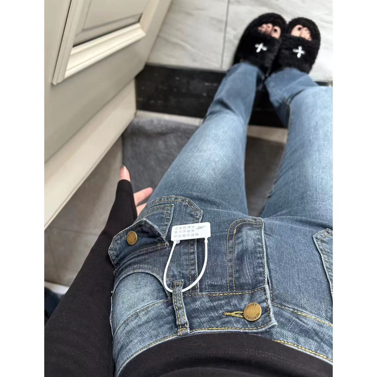 秋冬季藍灰色微喇叭牛仔褲女修身顯瘦拖地長褲彈力復古美式歐美風