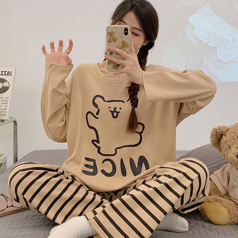 新款睡衣女春秋季寬鬆棉質長袖學生套裝甜美可愛冬天可外穿家居服