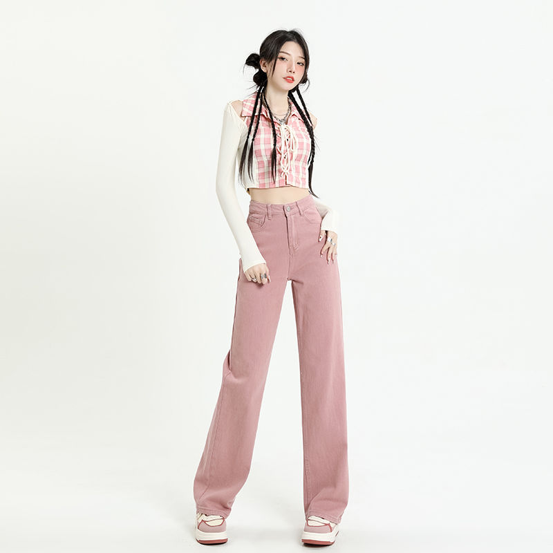 高腰顯瘦寬鬆直筒垂感拖地窄版闊腿褲粉色牛仔褲女秋季2023年新款