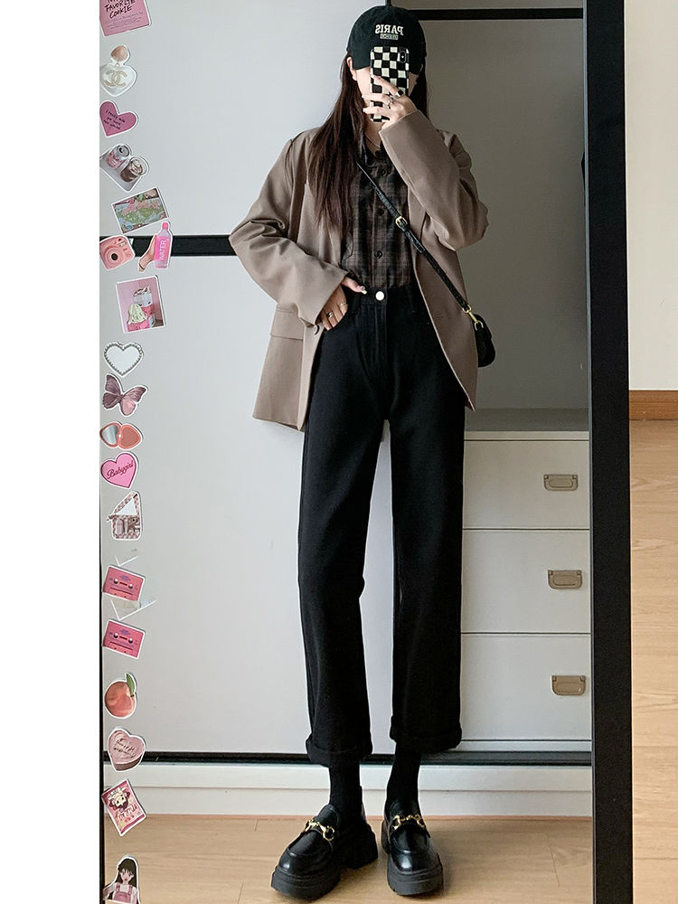YSYOURS黑色直筒牛仔褲女春秋高腰顯瘦寬鬆大碼九分法棍煙管褲子
