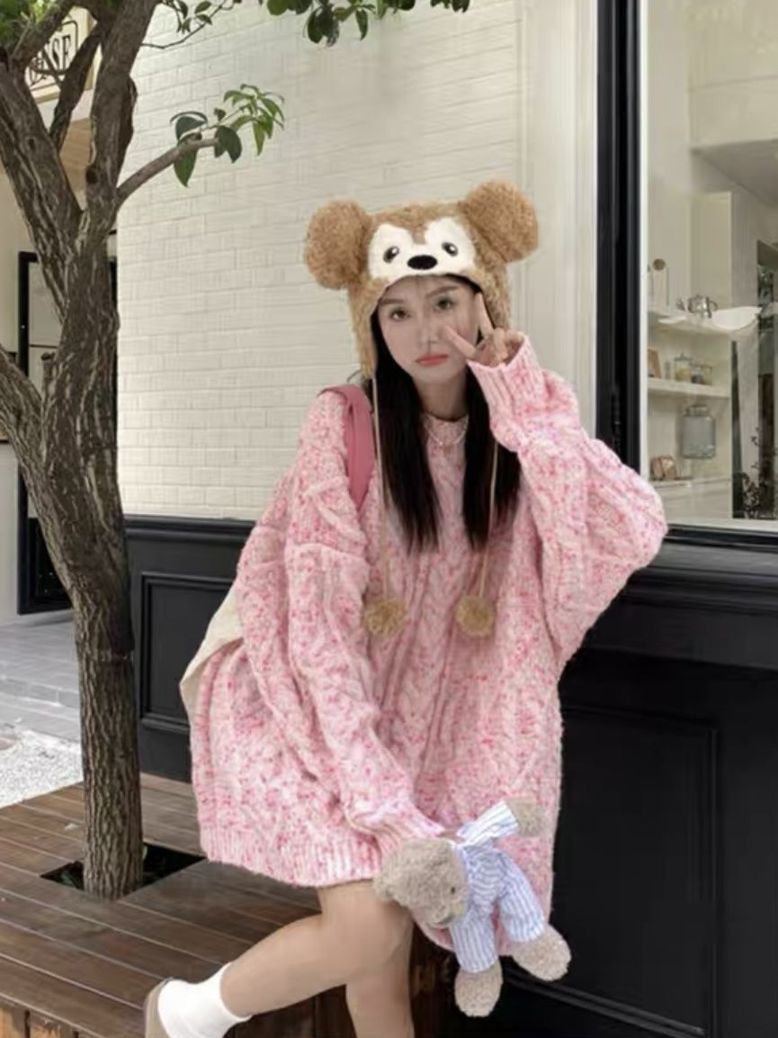 奶好看粉色日系感超溫柔毛衣春秋寬鬆復古軟慵懶高級fufu糯風冬女