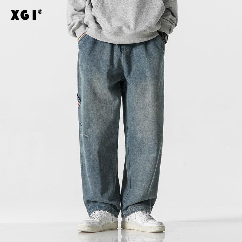 XGI jeans men's trendy brand straight wide-leg drape pants men's loose retro handsome spring American casual trend