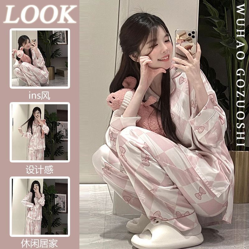高級感冰絲睡衣女春秋季長袖長褲甜美卡通瑪麗貓外穿家居服套裝