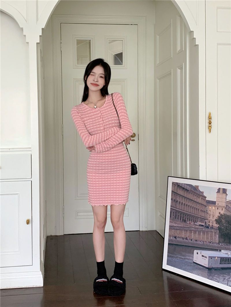 韩版时尚个性撞色条纹长袖开衫套装女秋季新款高腰包臀短裙两件套