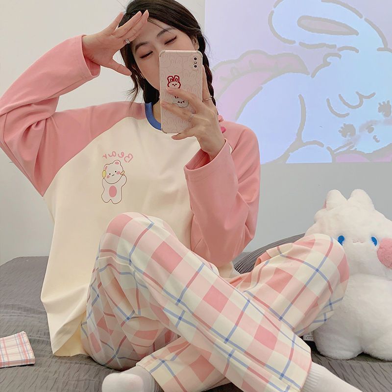 New pajamas for women in spring and autumn, loose cotton long-sleeved student suits, sweet and cute, can be worn outside as home clothes in winter