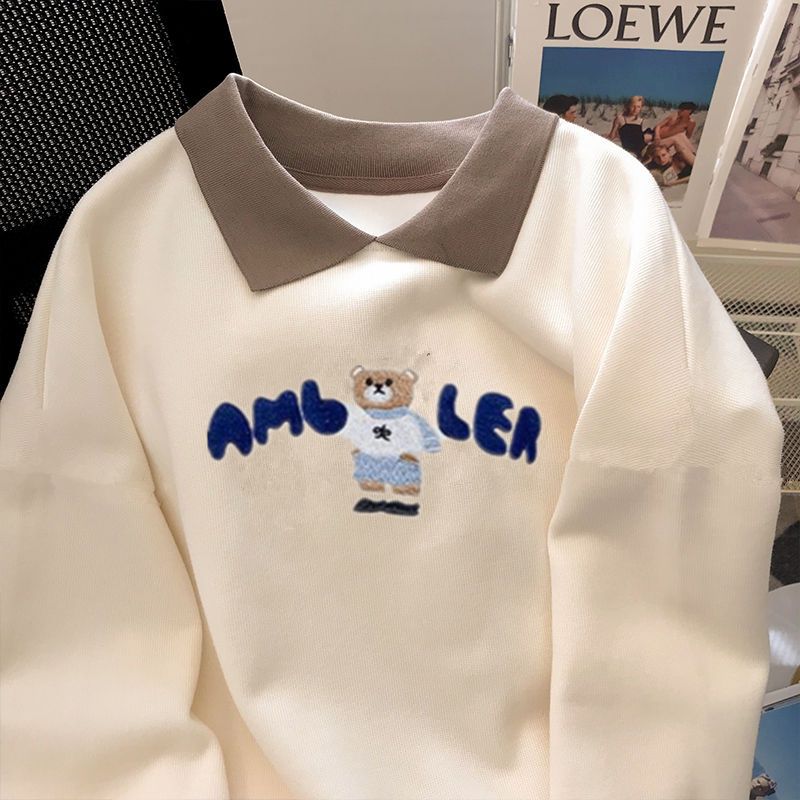 衛衣女刺繡POLO領秋季新款2023寬鬆遮肚子上衣減齡長袖T恤上衣潮