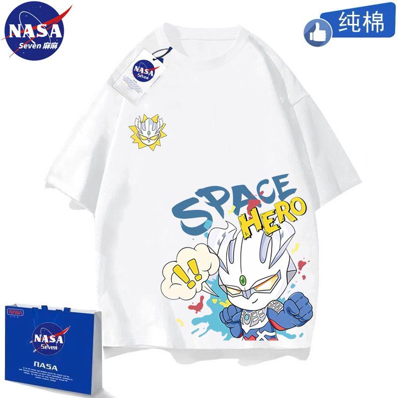 NASA Cartoon Zero Ultraman Clothes Boys' Summer Pure Cotton T-Shirts Breathable and Versatile Short-Sleeved Tops for Middle and Large Children