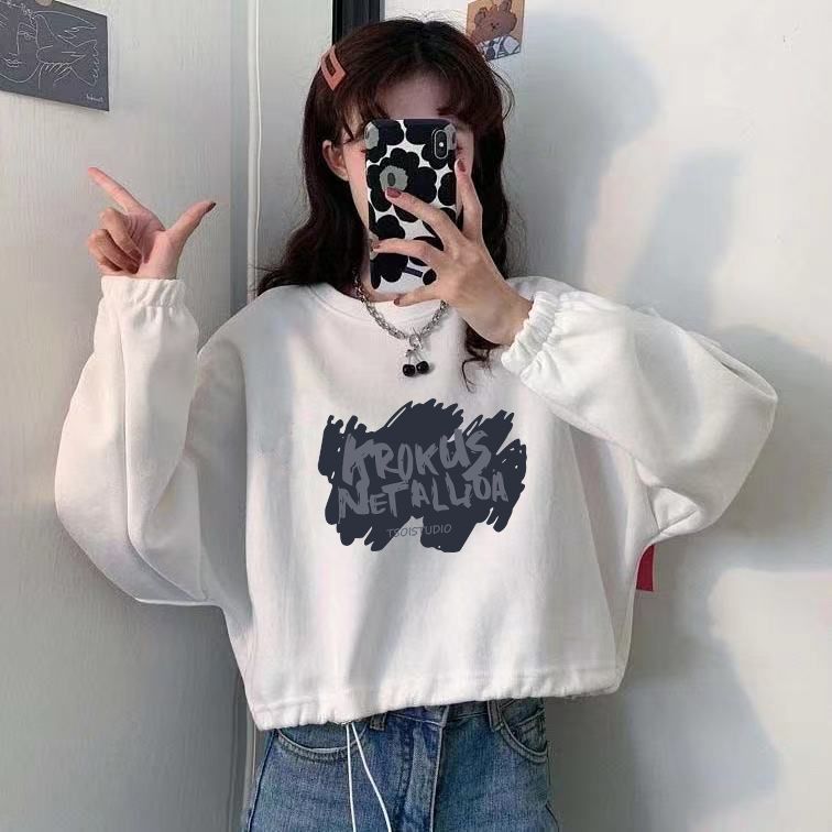 抽繩衛衣女字母學院風寬鬆慵懶露腰秋冬季薄款長袖無帽短款上衣女