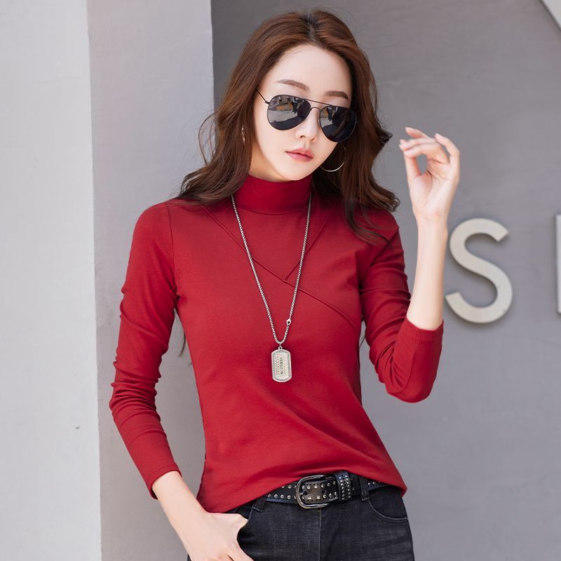 Pure cotton half-high collar bottoming shirt women's inner wear spring, autumn and winter 2023 new foreign style stand-up collar long-sleeved t-shirt women's top trend