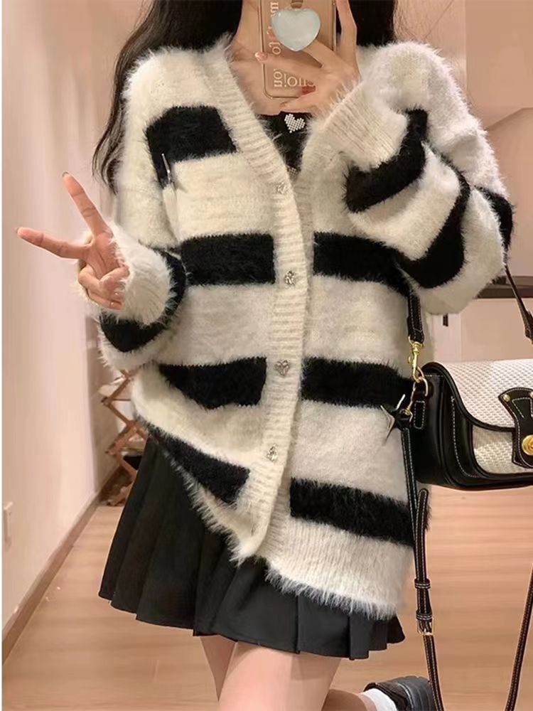 法式仿水貂絨毛衣外套針織開衫女秋冬季新款寬鬆慵懶風條紋上衣潮