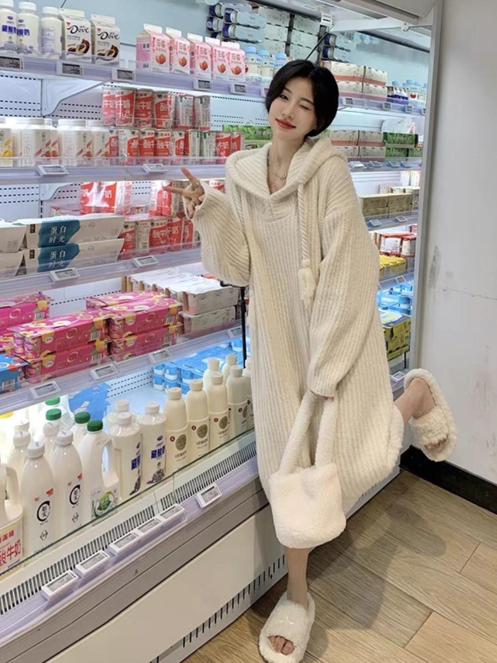 長款色針織寬鬆遮肉打底女毛衣風中連衣裙2023火龍果秋冬連帽慵懶
