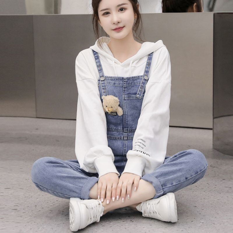 牛仔背帶褲少女春秋裝2023新款初中高中學生時尚減齡衛衣兩件套裝