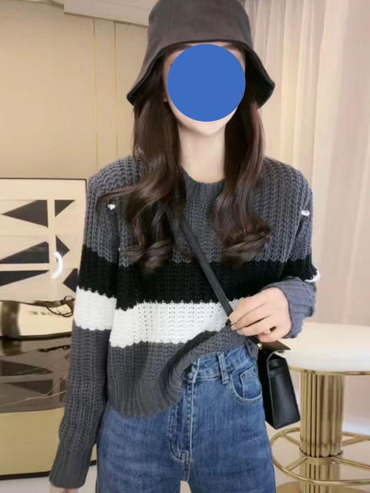 韓系學院風撞色條紋圓領套頭毛衣女秋季新款寬鬆顯瘦拼接針織衫
