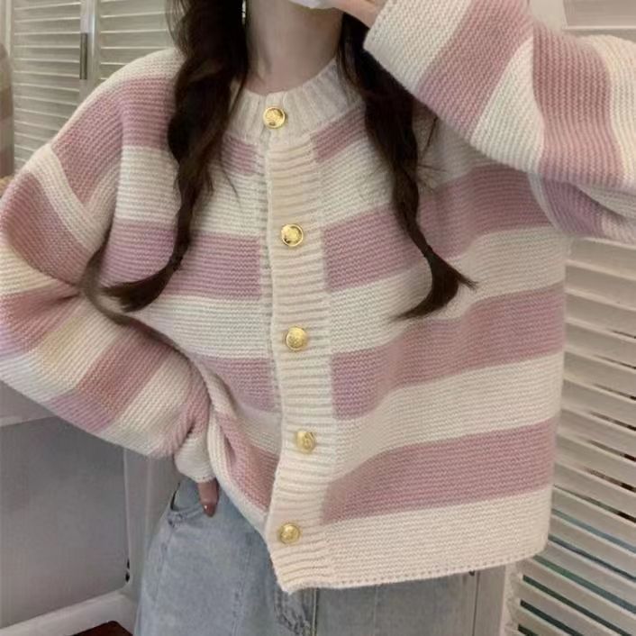 小香風短款條紋針織開衫女秋冬春秋小個子軟糯毛衣外套慵懶風上衣