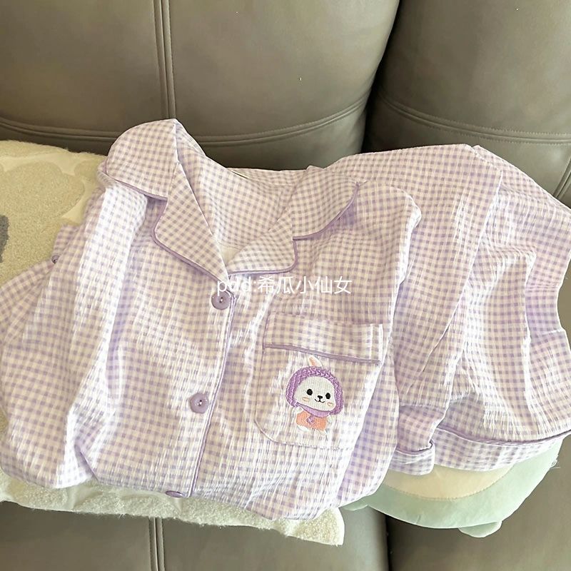 紫色格子兔子睡衣女春秋冬季新款長袖長褲卡通可愛學生家居服套裝