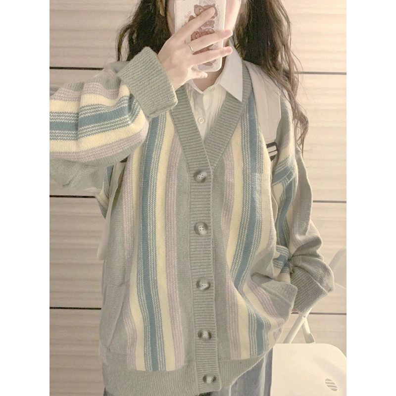 韓版復古豎條紋撞色開衫毛衣女早秋新款慵懶風寬鬆設計感上衣外套