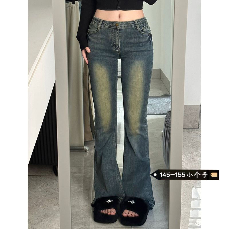 復古chic懷舊微喇叭牛仔褲女小個子秋季設計感直筒彈力顯瘦闊腿褲