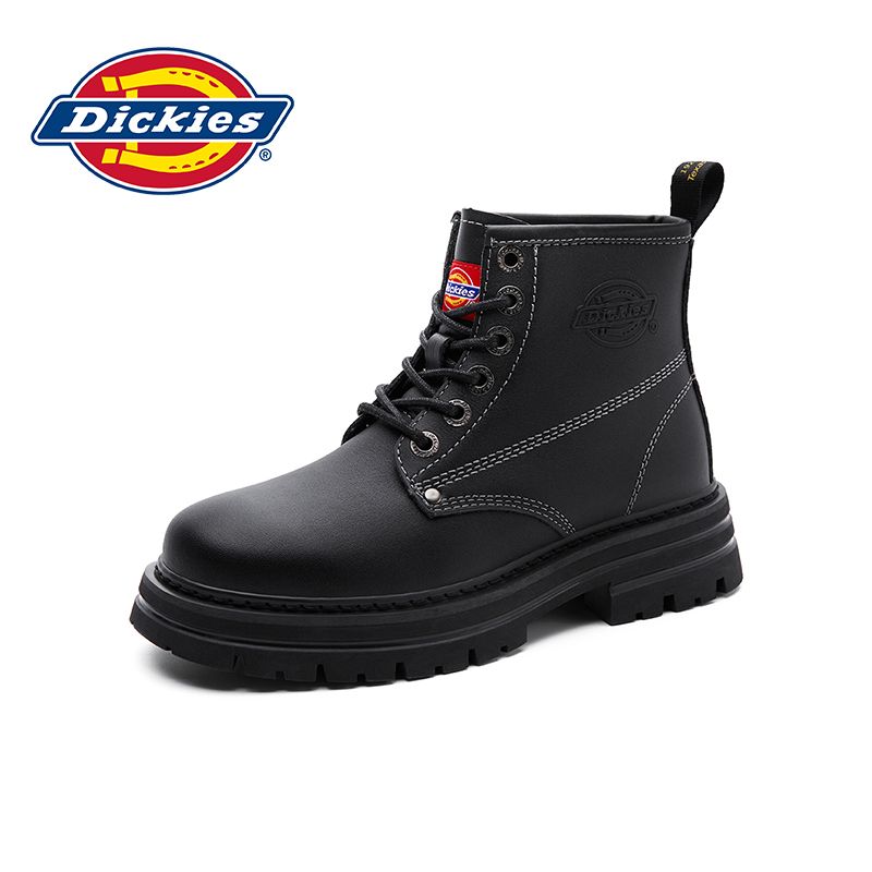 Dickies马丁靴女款加绒秋冬高帮英伦风黑色真皮机车靴工装棉靴子